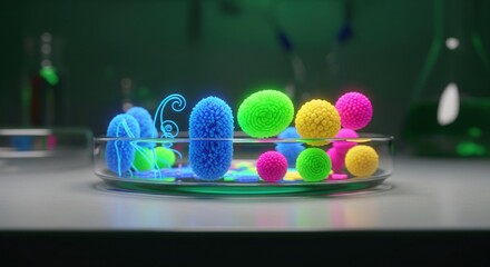 Colorful, glowing bacteria in a petri dish sit on a lab counter, near beakers