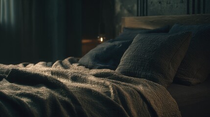 close up of cozy in cool, dark bedroom, thick blankets, ambient soft shadows, emphasis on night time restoration and biological harmony, realistic