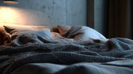 close up of cozy in cool, dark bedroom, thick blankets, ambient soft shadows, emphasis on night time restoration and biological harmony, realistic