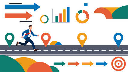 Project Timeline Roadmap Concept with Businessman Running Toward Goals Flat Design Illustration