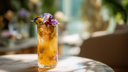 Close up of crystal glass with vibrant herbal wellness drink, garnished with edible flowers, soft sunlight, spa table with smooth marble, clean