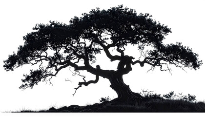 Minimalist black tree silhouettes against white background, graphic and modern style.