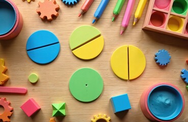 Colorful math fractions and shapes arranged on a wooden surface with pencils. Early learning tools for children education promote mathematical understanding and creative play.