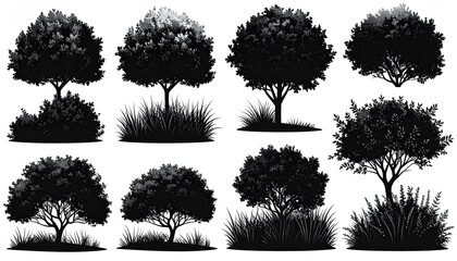 Abstract tree silhouettes in black and white, elegant shapes, isolated on white.