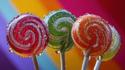 close up of shiny colorful lollipops with water drops, bold vibrant stripes behind, playful candy theme, high contrast, realistic macro photo style