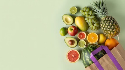 A variety of fresh fruits are spilling out of a brown paper bag onto a light green background, with a copy space on the left.