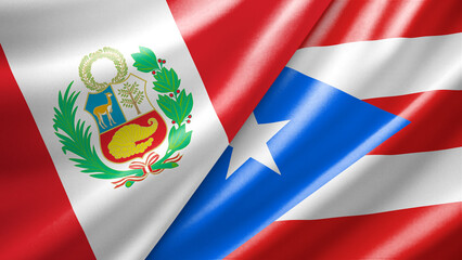 Naklejka premium Peru and Puerto Rico two national flags filling the entire frame, close-up view, edge-to-edge composition