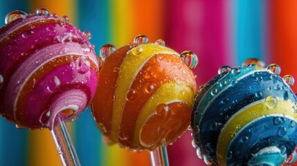 close up of shiny colorful lollipops with water drops, bold vibrant stripes behind, playful candy theme, high contrast, realistic macro photo style