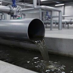 Industrial scene showing dirty, untreated water discharging from a large metal pipe into a concrete tank. Concept of wastewater treatment, pollution, and industrial effluent.