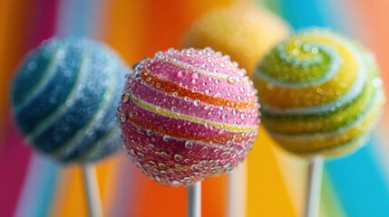 close up shot of multicolored lollipops with water droplets, bold striped background, sweet dessert concept, glossy texture, cinematic macro