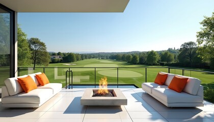 Naklejka premium Modern balcony with white couches and orange cushions overlooks a green golf course. A square fire pit offers warmth and ambiance with bright flames burning. Perfect for luxury outdoor living.