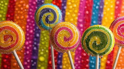 colorful lollipops covered with fresh water droplets, vivid striped backdrop, candy sweetness theme, high saturation, macro realism, playful
