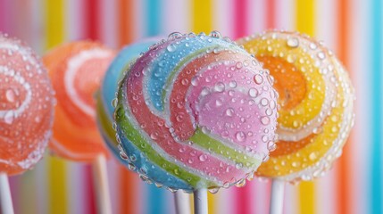 colorful lollipops covered with fresh water droplets, vivid striped backdrop, candy sweetness theme, high saturation, macro realism, playful