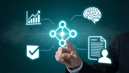 professional businessman in suit touching a glowing blue digital node connection icon surrounded by symbols for brain artificial intelligence growth chart security and user profile