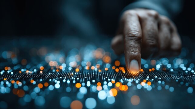 Hand holds pen over chart showing data trends during analysis session in office at night with focused study environment - Powered by Adobe