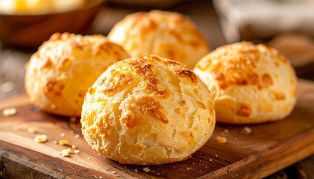 Fresh homemade pao de queijo, Brazilian cheese bread, rustic bakery. Tasty snack. Delicious food.