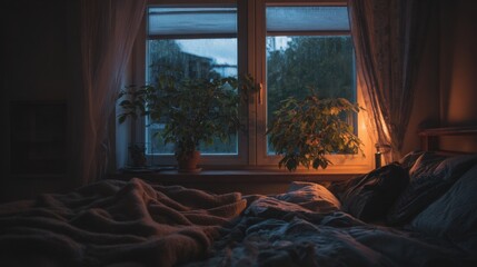 cool night breeze through slightly open window, quiet bedroom, soft blankets, realistic textures, peaceful and calm mood