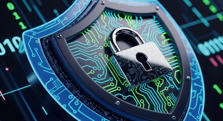 Digital shield with circuit board design, padlock, and binary code background