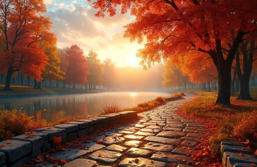 Scenic autumn park with vibrant orange trees bordering calm lake. Stone pathway covered in fallen leaves leads towards warm, hazy sunset light. Peaceful water reflection mirrors colorful fall foliage.