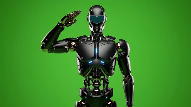 Futuristic robot saluting on green screen for visual media