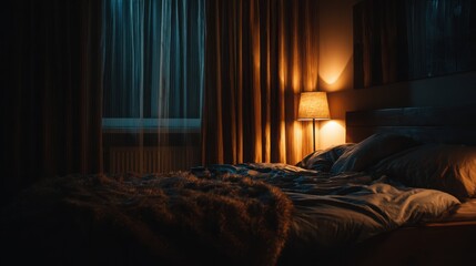cozy bedroom at night, complete darkness, thick curtains, cool ambient temperature, serene atmosphere, emphasizing deep sleep and biological rhythms