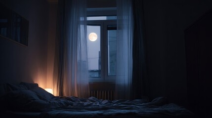 cozy restful bedroom, darkness emphasized, slight glow of moon outside, cool room temperature, calm and restorative sleep concept, realistic high