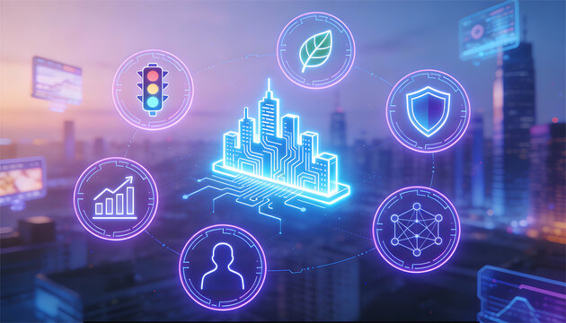 cinematic digital illustration of a glowing blue smart city circuit board skyline with neon icons for traffic leaf green energy shield security network and user data - Powered by Adobe