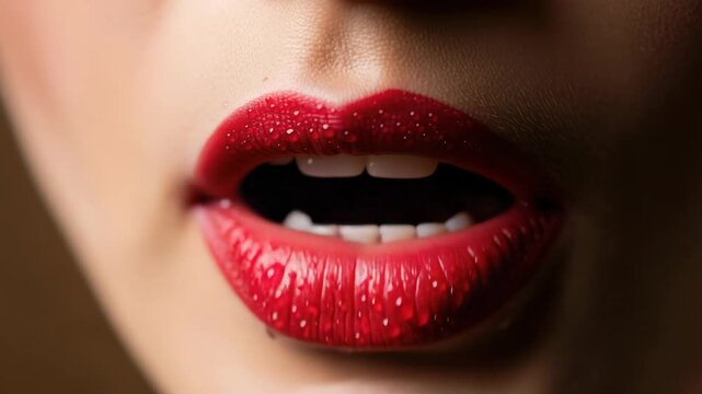 Close up of Wet Red Lips with Water Droplets, sensual and alluring