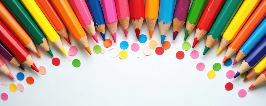 Colorful pencils laid out in a row with scattered confetti dots, suggesting creative arts and crafts activities for children. A playful and vibrant school or party theme. - Powered by Adobe