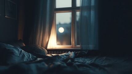 cozy restful bedroom, darkness emphasized, slight glow of moon outside, cool room temperature, calm and restorative sleep concept, realistic high