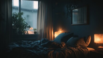 cozy restful bedroom, darkness emphasized, slight glow of moon outside, cool room temperature, calm and restorative sleep concept, realistic high