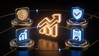 cinematic digital illustration of 3d glowing gold and blue financial growth icons featuring a rising arrow bar chart dollar coin security shield and checklist for business success