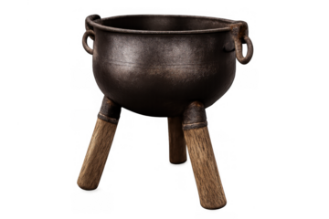 Cast iron cauldron pot with three wooden legs, vintage cooking vessel for ancient rituals and traditional food preparation