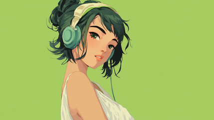 ヘッドフォンで音楽を聞く女性をYouTube動画サムネイル用にアニメスタイルで描いたAI生成画