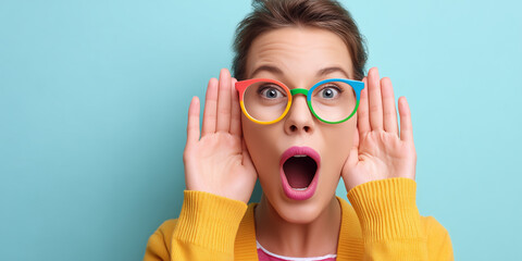 Surprised woman wearing colorful glasses with hands near her face against a pastel background.