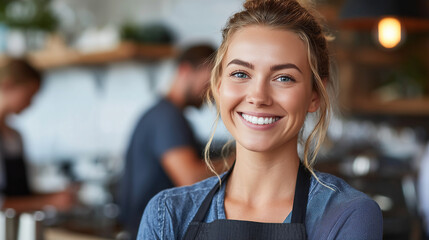 Smiling young female barista in apron in a modern coffee shop, representing small business ownership, customer service and friendly hospitality.