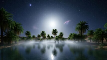 Magical desert oasis at night with moonlit palm trees and starry sky