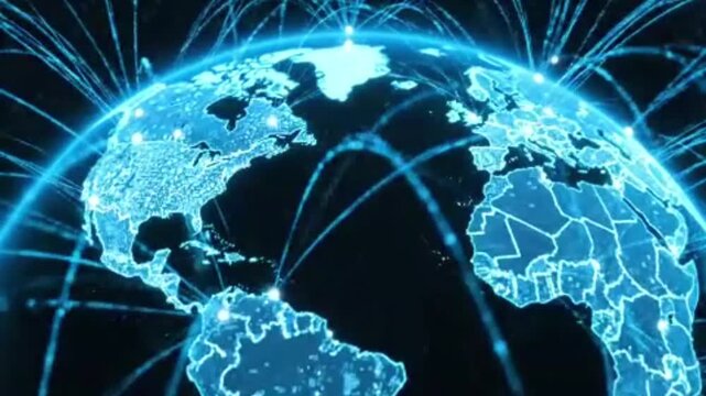 Global Connectivity: A radiant, futuristic depiction of the globe, enveloped by a web of interconnected lines and points of light, symbolizing the expansive reach and seamless flow of global networks.