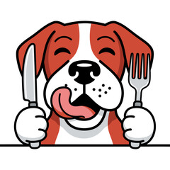 A vibrant vector illustration of a cheerful, hungry cartoon dog, eagerly anticipating a delicious meal while holding a fork and knife