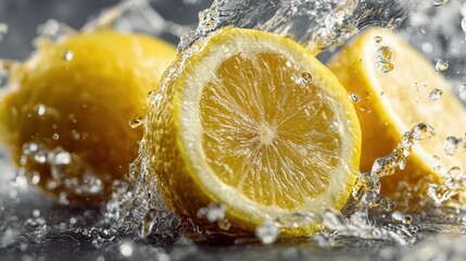 Fresh lemon halves splash in water creating droplets and ripples in a bright setting