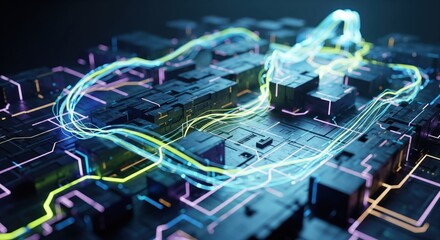 Futuristic, low-angle view of a circuit board with glowing data streams creating a cloud