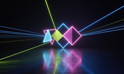 Geometric shapes in vibrant neon colors illuminated against a dark, reflective backdrop