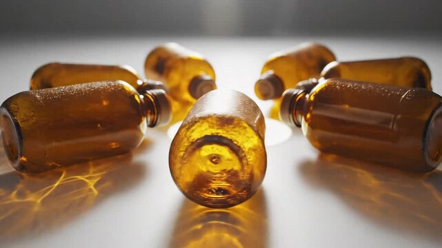 Cinematic close-up of amber glass medicine bottles arranged in a circle on a white surface, pharmaceutical and medical research concept
