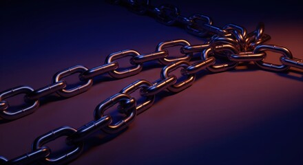 Gleaming metal chains cross at center, bathed in warm and cool light