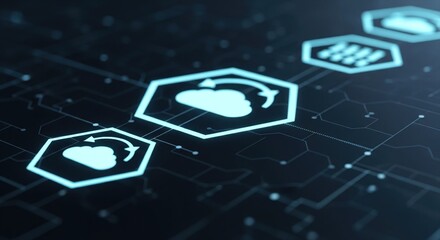 Glowing cloud symbols overlaid on dark circuit board, representing cloud computing