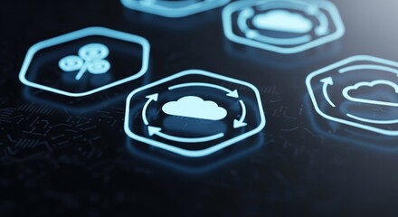 Glowing digital icons of clouds, clover, and circular arrows on dark, circuit board background