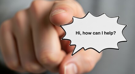 Help assist customer service hand pointing Hi how can I help? Close-up hand pointing toward viewer with a speech bubble offering friendly support and approachable guidance