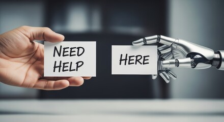 Need help assistance support cooperation A human hand and a robotic hand exchange cards reading NEED HELP and HERE conveying urgent collaborative plea and empathetic connection
