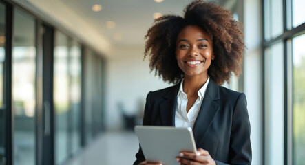 Smiling African American woman in black suit holds tablet computer. She stands in modern office hallway near large windows. Person looks happy and pro with confident expression.