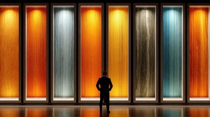 Medium shot of a person browsing digital textile catalogs on a large wall display vivid fabric textures highlighted against a blurred room setting.